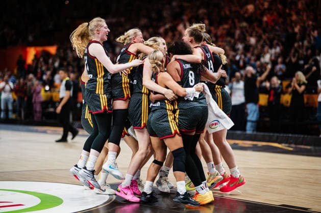FIBA Women’s Basketball World Cup 2026: Belgium vs. Germany, September 10, 2026. Germany defeats Belgium; cheering, CHEERS, celebration, celebrating, Luisa Geiselsoder (Germany), 15, Leonie Fiebich (Germany), 13, Nyara Sabally (Germany), 8, Emma Eichmeyer (Germany), 9, Frieda Bühner (Germany), 20, Alexandra Wilke (Germany), 3, basketball, FIBA Women’s Basketball World Cup 2026, Final Phase, Quarterfinals: Belgium vs. Germany on September 10, 2026, at the Uber Arena, Berlin Copyright: xBEAUTIFULxSPORTS Tonhäuserx