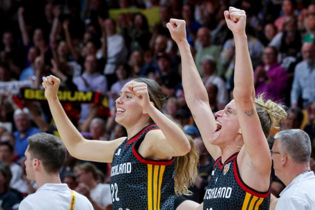Emily Bessoir (Germany) and Leonie Fiebich (Germany) cheer during the FIBA Women s Basketball World Cup Germany 2026 quarterfinal match between Belgium and Germany at the Berlin Arena on September 10, 2026, in Berlin, Germany. Photo by Marco Steinbrenner, DeFodi Images