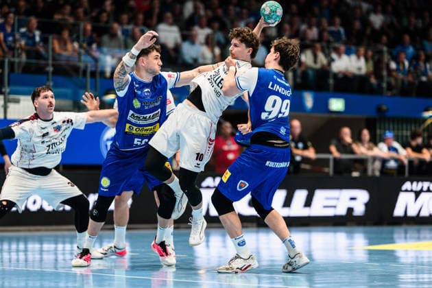 Jonas Josef, SG BBM Bietigheim, 10; Tillman Leu, ThSV Eisenach, 99; Justin Kurch, ThSV Eisenach, 52 GER; ThSV Eisenach vs. SG BBM Bietigheim, 1st Opel Handball Bundesliga, Handball, Matchday 4, 2026–2027 Season, 7:00 p.m., September 10, 2026 GER, ThSV Eisenach vs. SG BBM Bietigheim, 1st Opel Handball Bundesliga, Handball, Matchday 4, 2026–2027 season, 7:00 PM, September 10, 2026, Germany, Eisenach Copyright: xMartinxHerbstx