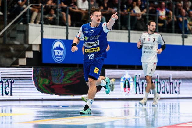 Felix Aellen, ThSV Eisenach, 22 Celebrating a 7-meter goal (GER), ThSV Eisenach vs. SG BBM Bietigheim, 1 Opel Handball Bundesliga, Handball, Matchday 4, 2026–2027 Season, 7:00 p.m., September 10, 2026 GER, ThSV Eisenach vs. SG BBM Bietigheim, 1st Opel Handball Bundesliga, Handball, Matchday 4, 2026–2027 season, 7:00 p.m., September 10, 2026, Eisenach Copyright: xMartinxHerbstx