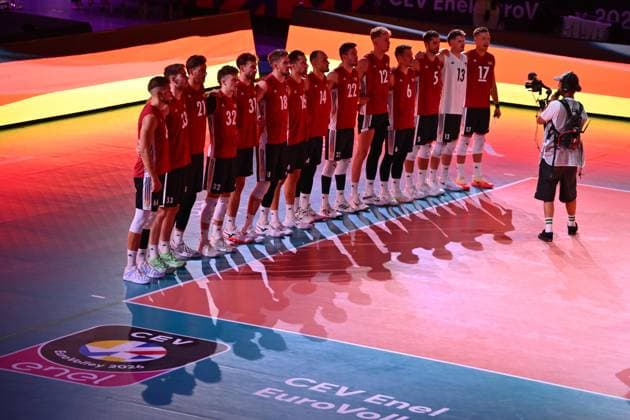 CEV EuroVolley 2026, Turkiye vs Germany , 10 September 2026 Germany players react during the anthem during the CEV EuroVolley 2026 game between Turkiye and Germany, in Cluj Napoca, Romania, 10 September 2026. Copyright: xAlexxNicodimx