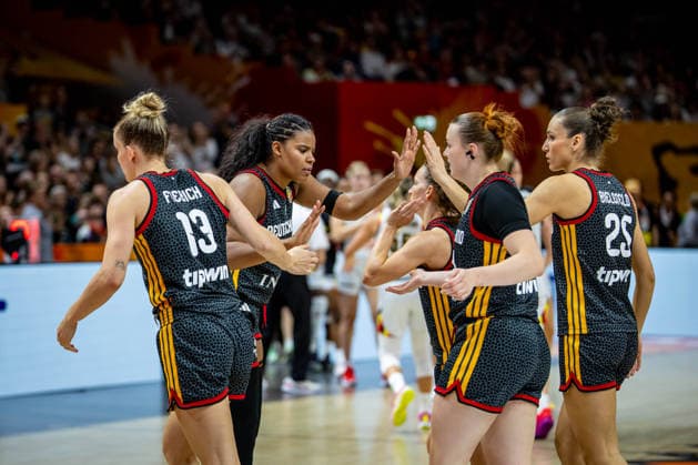 Basketball Berlin, September 10, 2026 FIBA Women’s Basketball World Cup Germany 2026 Quarterfinals: Belgium (BEL) vs. Germany (GER). Germany wins and advances to the semifinals. Leonie Fiebich (Germany) celebrates, No. 13 Nyara Sabally, Germany; No. 08 Clara Bielefeld, Germany; No. 25 Lina Sontag, Germany; No. 24