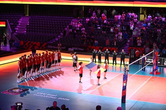 CEV EuroVolley 2026, Turkiye vs Germany , 10 September 2026 Germany players react during the anthem during the CEV EuroVolley 2026 game between Turkiye and Germany, in Cluj Napoca, Romania, 10 September 2026. Copyright: xAlexxNicodimx