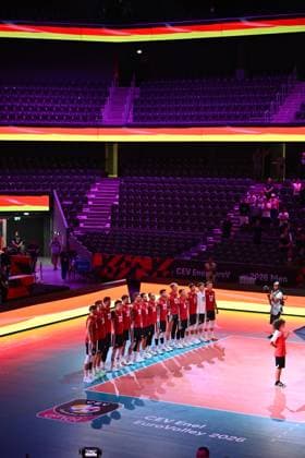 CEV EuroVolley 2026, Turkiye vs Germany , 10 September 2026 Germany players react during the anthem during the CEV EuroVolley 2026 game between Turkiye and Germany, in Cluj Napoca, Romania, 10 September 2026. Copyright: xAlexxNicodimx