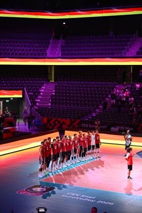 CEV EuroVolley 2026, Turkiye vs Germany , 10 September 2026 Germany players react during the anthem during the CEV EuroVolley 2026 game between Turkiye and Germany, in Cluj Napoca, Romania, 10 September 2026. Copyright: xAlexxNicodimx