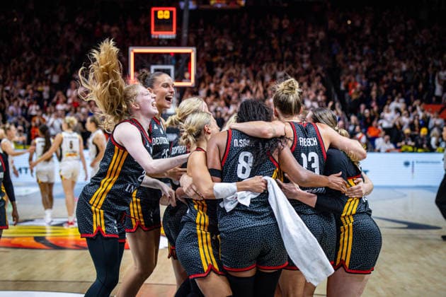 Basketball Berlin, September 10, 2026 FIBA Women’s Basketball World Cup Germany 2026 Quarterfinals: Belgium (BEL) vs. Germany (GER). Germany wins and advances to the semifinals. Celebrating: Frida Bühner (Germany), No. 20 Leonie Fiebich (Germany), No. 13 Nyara Sabally, Germany, No. 08 Alexandra Wilke, Germany, No. 03, and others