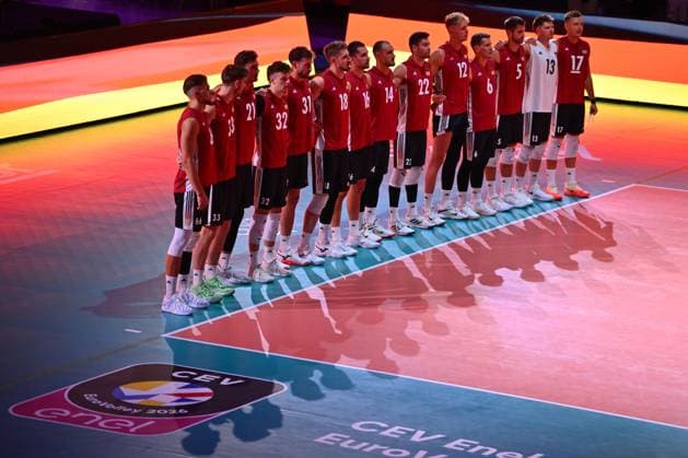 CEV EuroVolley 2026, Turkiye vs Germany , 10 September 2026 Germany players react during the anthem during the CEV EuroVolley 2026 game between Turkiye and Germany, in Cluj Napoca, Romania, 10 September 2026. Copyright: xAlexxNicodimx
