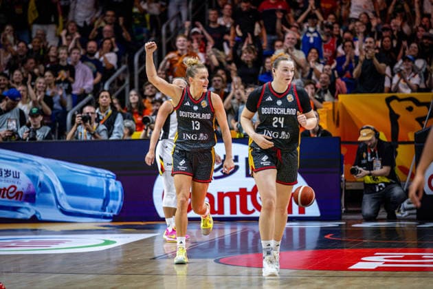 Basketball Berlin, September 10, 2026 FIBA Women’s Basketball World Cup Germany 2026 Quarterfinals: Belgium (BEL) vs. Germany (GER) Germany wins and advances to the semifinals. Leonie Fiebich (Germany, No. 13) and Lina Sontag (Germany, No. 24) celebrate.