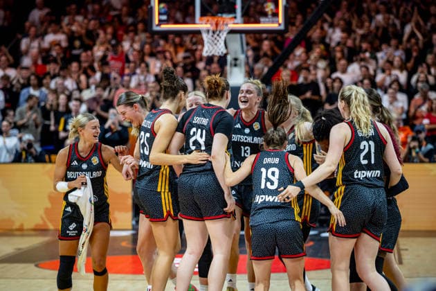 Basketball Berlin, September 10, 2026 FIBA Women’s Basketball World Cup Germany 2026 Quarterfinals: Belgium (BEL) vs. Germany (GER). Germany wins and advances to the semifinals. The team and others celebrate.