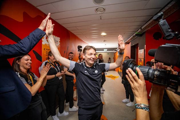 Basketball Berlin, September 10, 2026 FIBA Women’s Basketball World Cup Germany 2026 Quarterfinals: Belgium (BEL) vs. Germany (GER). Germany wins and advances to the semifinals. Olaf Lange, Germany’s head coach, celebrates.