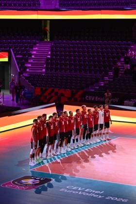 CEV EuroVolley 2026, Turkiye vs Germany , 10 September 2026 Germany players react during the anthem during the CEV EuroVolley 2026 game between Turkiye and Germany, in Cluj Napoca, Romania, 10 September 2026. Copyright: xAlexxNicodimx