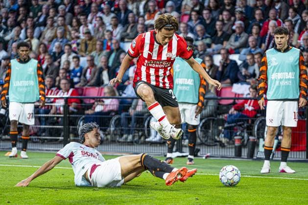 EINDHOVEN - Kodai Sano of PSV Eindhoven battles for possession with Isaque of Shakhtar Donetsk during the UEFA Champions League match between PSV Eindhoven and Shakhtar Donetsk at the Philips Stadium on 10 September 2026 in Eindhoven, the Netherlands. KEVIN SENDERS ANP UEFA Champions League 2026 27 xVIxANPxSportx xMarcelxterxBalsxIVx 567926592 originalFilename: 567926592.jpg