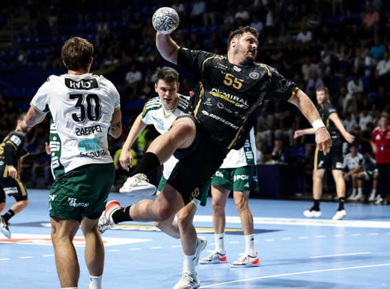 Partizan v Fuchse Berlin - EHF Champions League Tobias Wagner (R) of Partizan in action against Aymeric Zaepfel (L) of Partizan during the EHF Champions League Season 2026 2027 Group Phase match between RK Partizan v Fuchse Berlin at Aleksandar Nikolic Hall on September 10, 2026 in Belgrade, Serbia. Belgrade Serbia Copyright: xSrdjanxStevanovicx x