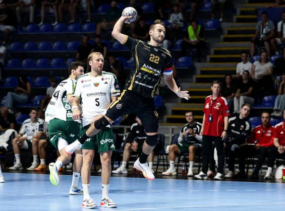 Partizan v Fuchse Berlin - EHF Champions League Ivan Micic (R) of Partizan in action against Max Darj (L) of Fuchse Berlin during the EHF Champions League Season 2026 2027 Group Phase match between RK Partizan v Fuchse Berlin at Aleksandar Nikolic Hall on September 10, 2026 in Belgrade, Serbia. Belgrade Serbia Copyright: xSrdjanxStevanovicx x