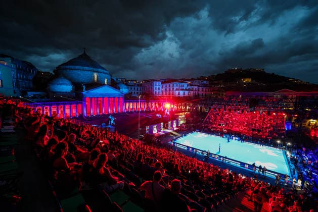 General view during the opening match of the CEV Enel Eurovolley 2026, between Italy and Sweden, Piazza del Plebiscito, Naples, September 10, 2026.  Copyright: xAlessandroxGarofalo LaPressex
