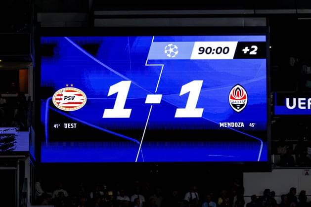 EINDHOVEN - The scoreboard shows the final score of 1-1 during the UEFA Champions League match between PSV Eindhoven and Shakhtar Donetsk at the Philips Stadium on September 10, 2026, in Eindhoven, the Netherlands. MARCEL TER BALS ANP UEFA Champions League 2026 27 xVIxANPxSportx xMarcelxterxBalsxIVx 567930097 originalFilename: 567930097.jpg