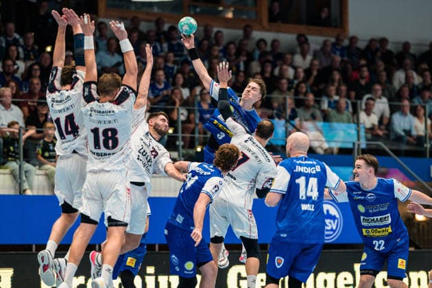 Oskar Joelsson, ThSV Eisenach, 03; Fynn Luca Nicolaus, SG BBM Bietigheim, 14; Fabian Wiederstein, SG BBM Bietigheim, 18; Dominik Claus, SG BBM Bietigheim, 07, Marcus Norrbrink, SG BBM Bietigheim, 23, Peter Walz, ThSV Eisenach, 14, Moritz Ende, ThSV Eisenach, 21, Felix Aellen, ThSV Eisenach, 22 GER, ThSV Eisenach vs. SG BBM Bietigheim, 1st Opel Handball Bundesliga, Handball, Matchday 4, 2026–2027 Season, 7:00 PM, September 10, 2026 GER, ThSV Eisenach vs. SG BBM Bietigheim, 1st Opel Handball Bundesliga, Handball, Matchday 4, 2026–2027 season, 7:00 p.m., September 10, 2026, Eisenach Copyright: xMartinxHerbstx