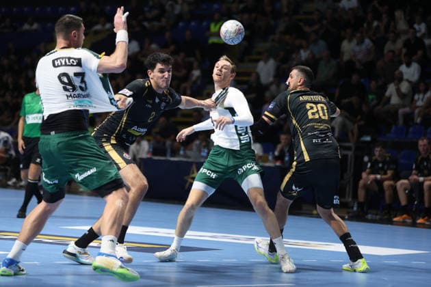 10.09.2026 Belgrad(Serbien) RK Partizan - Füchse Berlin, EHF Champions league Männer handball (L) Gidsel Mathias und Marsenic Mijajlo in aktion Füchse Berlin : Slobodan Sandic