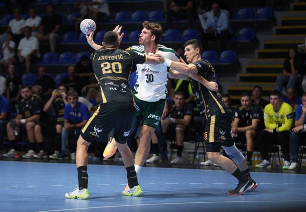 10.09.2026 Belgrad(Serbien) RK Partizan - Füchse Berlin, EHF Champions league Männer handball (L) Abutovic Ilija, (C) Zaepfel AymericFüchse Berlin, (R) Crnoglavac Nikola Partizan : Slobodan Sandic