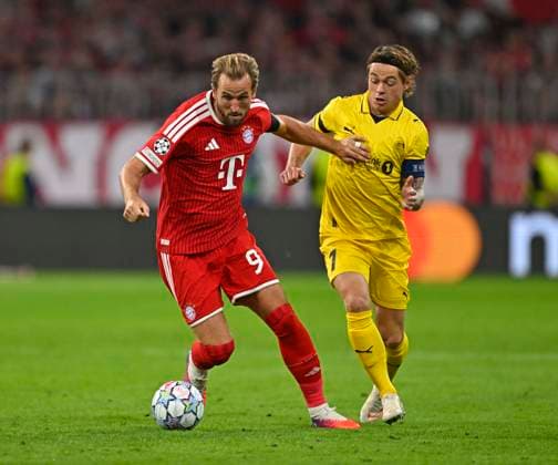 September 10, 2026, Soccer: UEFA Champions League 2026–2027, Matchday 1, FC Bayern Munich vs. FK Bodo Glimt, at the Allianz Arena in Munich; from left: Harry Kane (FC Bayern Munich) vs. Patrick Berg (FK Bodo Glimt)