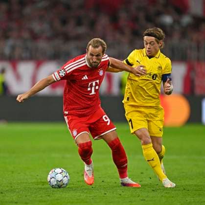 September 10, 2026, Soccer: UEFA Champions League 2026–2027, Matchday 1, FC Bayern Munich vs. FK Bodo Glimt, at the Allianz Arena in Munich; from left: Harry Kane (FC Bayern Munich) vs. Patrick Berg (FK Bodo Glimt)