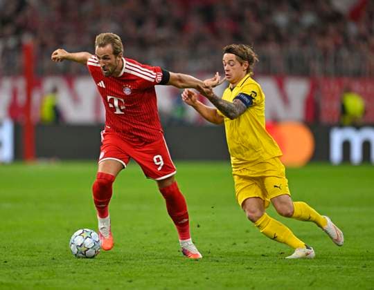 September 10, 2026, Soccer: UEFA Champions League 2026–2027, Matchday 1, FC Bayern Munich vs. FK Bodo Glimt, at the Allianz Arena in Munich; from left: Harry Kane (FC Bayern Munich) vs. Patrick Berg (FK Bodo Glimt)