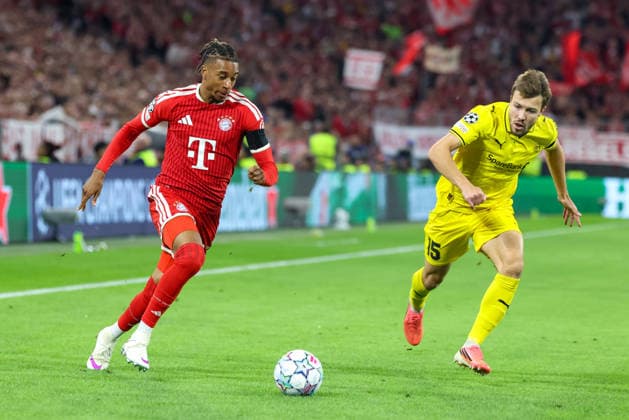 Tackle, Michael Olise (FC Bayern Munich, 17) vs. Fredrik Bjoerkan (FK Bodo Glimt, 15), GER, FC Bayern Munich vs. FK Bodo Glimt, Soccer, UEFA Champions League, Group Stage, Matchday 1, 2026–2027 season, September 10, 2026, GER, FC Bayern Munich vs. FK Bodø Glimt, Soccer, UEFA Champions League, Group Stage, Matchday 1, 2026–2027 Season, September 10, 2026, Munich Copyright: xEibner-Pressefoto JennixMaulx EP_JML