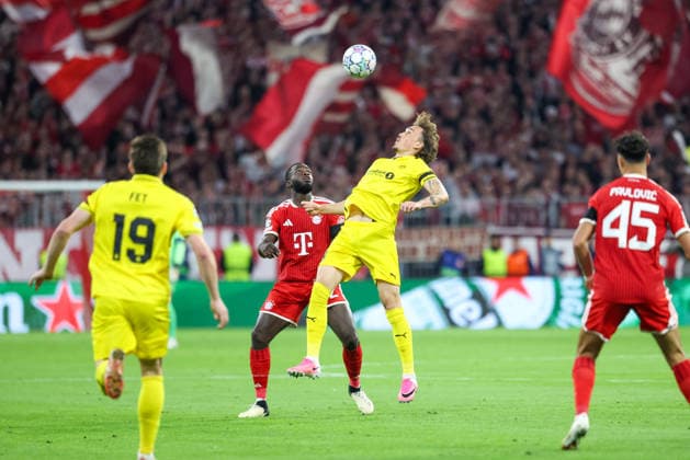 Tackle, header, Dayot Upamecano (FC Bayern Munich), 02, vs. Andreas Helmersen (FK Bodo Glimt), 09, GER, FC Bayern Munich vs. FK Bodo Glimt, soccer, UEFA Champions League, group stage, Matchday 1, 2026–2027 season, September 10, 2026, GER, FC Bayern Munich vs. FK Bodo Glimt, Soccer, UEFA Champions League, Group Stage, Matchday 1, 2026–2027 Season, September 10, 2026, Munich Copyright: xEibner-Pressefoto JennixMaulx EP_JML