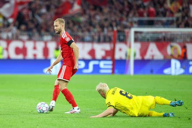 Tackle, Konrad Laimer (FC Bayern Munich, 27) vs. Sondre Auklend (FK Bodo Glimt), 08, GER, FC Bayern Munich vs. FK Bodo Glimt, Soccer, UEFA Champions League, Group Stage, Matchday 1, 2026–2027 Season, September 10, 2026, GER, FC Bayern Munich vs. FK Bodo Glimt, Soccer, UEFA Champions League, Group Stage, Matchday 1, 2026–2027 Season, September 10, 2026, Munich Copyright: xEibner-Pressefoto JennixMaulx EP_JML
