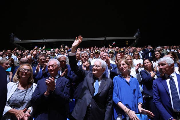 Sergio Mattarella, President of the Republic during the opening match of the CEV Enel Eurovolley 2026, between Italy and Sweden, Piazza del Plebiscito, Naples, September 10, 2026.  Copyright: xAlessandroxGarofalo LaPressex