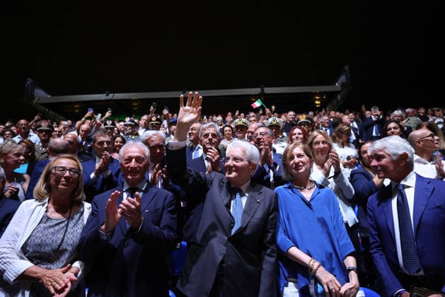 Sergio Mattarella, President of the Republic during the opening match of the CEV Enel Eurovolley 2026, between Italy and Sweden, Piazza del Plebiscito, Naples, September 10, 2026.  Copyright: xAlessandroxGarofalo LaPressex