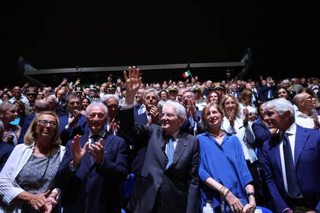 Sergio Mattarella, President of the Republic during the opening match of the CEV Enel Eurovolley 2026, between Italy and Sweden, Piazza del Plebiscito, Naples, September 10, 2026.  Copyright: xAlessandroxGarofalo LaPressex