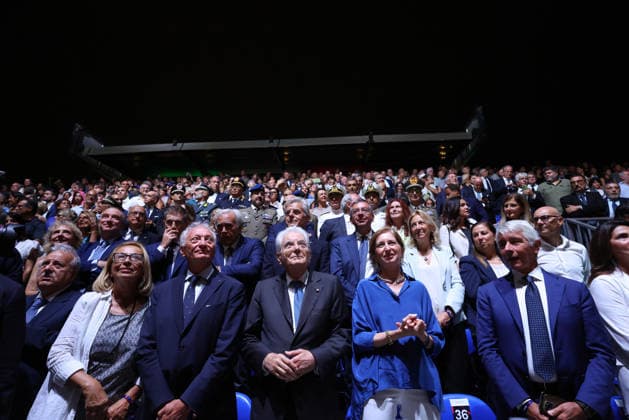 Sergio Mattarella, President of the Republic during the opening match of the CEV Enel Eurovolley 2026, between Italy and Sweden, Piazza del Plebiscito, Naples, September 10, 2026.  Copyright: xAlessandroxGarofalo LaPressex