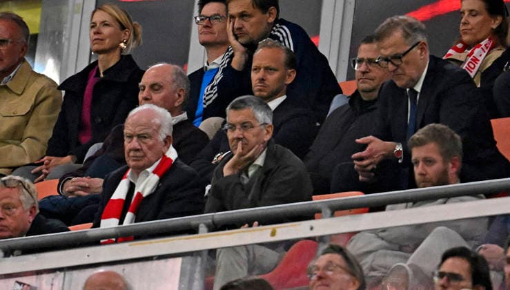 September 10, 2026, Soccer: 2026–2027 UEFA Champions League, Matchday 1, FC Bayern Munich vs. FK Bodo Glimt, at the Allianz Arena in Munich. Pictured: Honorary President Uli Hoeneß of FC Bayern Munich, Hoeneß, x, sporting director Max Eberl of Bayern Munich, and CEO Jan Christian Dreesen of FC Bayern Munich, President Herbert Hainer of FC Bayern