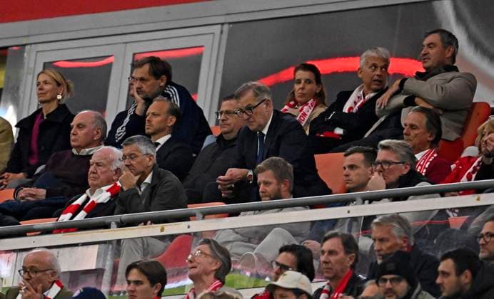 September 10, 2026, Soccer, UEFA Champions League 2026–2027, Matchday 1, FC Bayern Munich vs. FK Bodo Glimt, at the Allianz Arena in Munich. Pictured: Honorary President Uli Hoeneß of FC Bayern Munich, Hoeneß, x, sporting director Max Eberl of Bayern Munich, and CEO Jan Christian Dreesen of FC Bayern Munich, President Herbert Hainer of FC Bayern. Top right: Markus Söder of Germany.