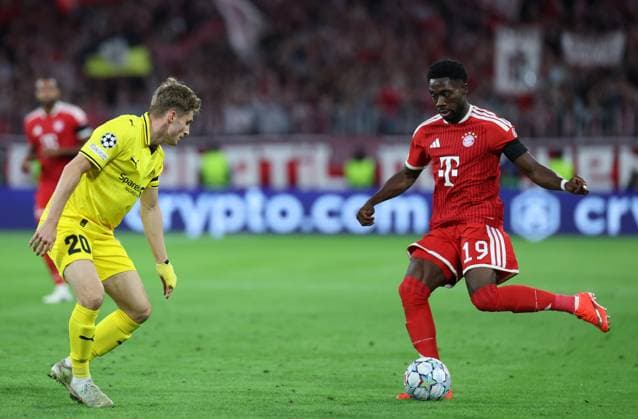 September 10, 2026, GER, Soccer, Men s, UEFA Champions League, Group Stage, 2026–2027 Season, Matchday 1, FC Bayern Munich vs. FK Bodø Glimt, Fredrik Sjovold, Fredrik Sjovold, FK Bodø Glimt 20, Alphonso Davies, FC Bayern Munich 19, in possession, Munich, Allianz Arena, Bayern, Germany Copyright: xNordphoto Schneiderx