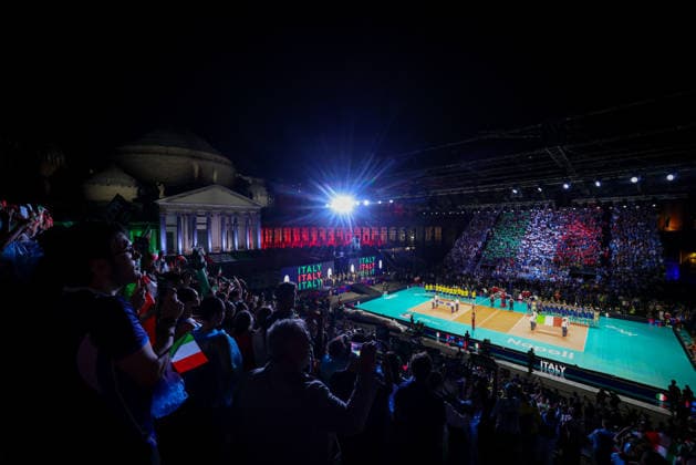 during the opening match of the CEV Enel Eurovolley 2026, between Italy and Sweden, Piazza del Plebiscito, Naples, September 10, 2026.  Copyright: xAlessandroxGarofalo LaPressex