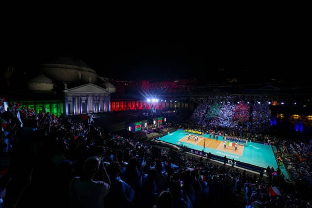 during the opening match of the CEV Enel Eurovolley 2026, between Italy and Sweden, Piazza del Plebiscito, Naples, September 10, 2026.  Copyright: xAlessandroxGarofalo LaPressex