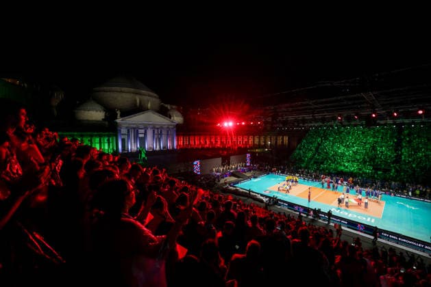 during the opening match of the CEV Enel Eurovolley 2026, between Italy and Sweden, Piazza del Plebiscito, Naples, September 10, 2026.  Copyright: xAlessandroxGarofalo LaPressex