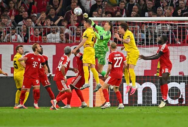 September 10, 2026, Soccer: UEFA Champions League 2026–2027, Matchday 1, FC Bayern Munich vs. FK Bodo Glimt, at the Allianz Arena in Munich, goalkeeper Manuel Neuer of FC Bayern Munich blocks the ball