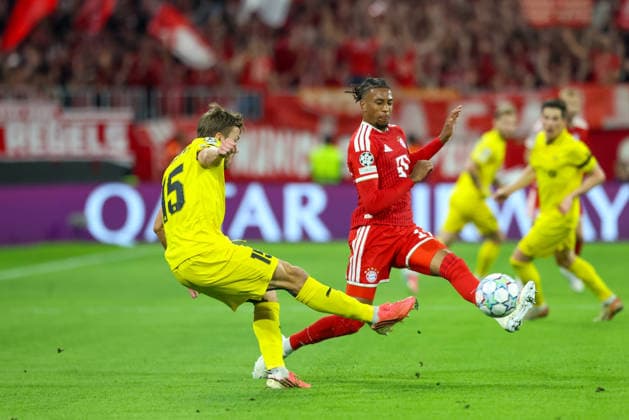 Tackle, Fredrik Bjoerkan (FK Bodo Glimt, 15) vs. Michael Olise (FC Bayern Munich, 17), GER, FC Bayern Munich vs. FK Bodo Glimt, Soccer, UEFA Champions League, Group Stage, Matchday 1, 2026–2027 season, September 10, 2026, GER, FC Bayern Munich vs. FK Bodo Glimt, Soccer, UEFA Champions League, Group Stage, Matchday 1, 2026–2027 Season, September 10, 2026, Munich Copyright: xEibner-Pressefoto JennixMaulx EP_JML