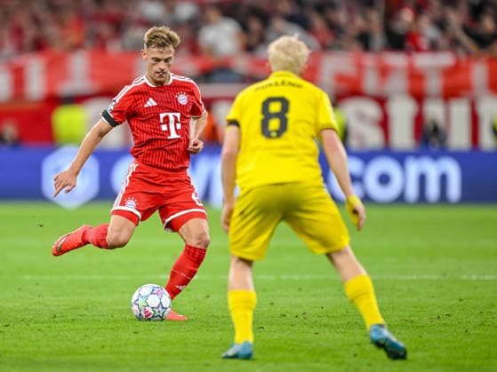 Joshua Kimmich of FC Bayern Munich and Sondre Auklend of FK Bodo Glimt battle for the ball during the 2026–2027 UEFA Champions League match between Bayern Munich and Bodo Glimt at Fussball Arena Munich on September 10, 2026 in Munich, Germany. Photo by Harry Langer, DeFodi Images