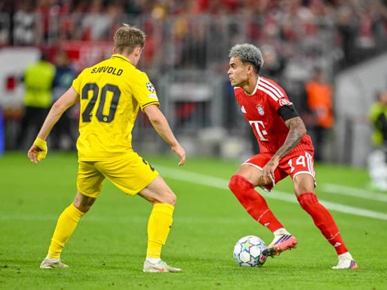 Fredrik Sjovold of FK Bodo Glimt and Luis Diaz of FC Bayern Munich battle for the ball during the 2026–2027 UEFA Champions League match between Bayern Munich and Bodo Glimt at Fussball Arena Munich on September 10, 2026 in Munich, Germany. Photo by Harry Langer, DeFodi Images