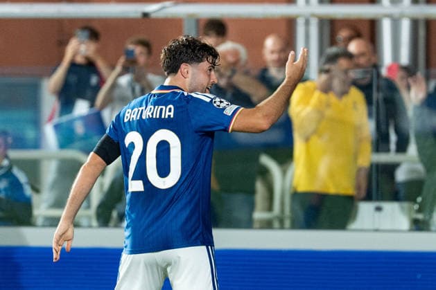 Soccer, Italy, UEFA Champions League, Matchday 1: Como 1907 vs. RB Leipzig, Thursday, September 10, 2026, Stadio Giuseppe Sinigaglia, Como. Martin Baturina, 20, of Como 1907 celebrates after scoring the 1–0 goal for Como 1907. Copyright: xValentinxDomgjonix