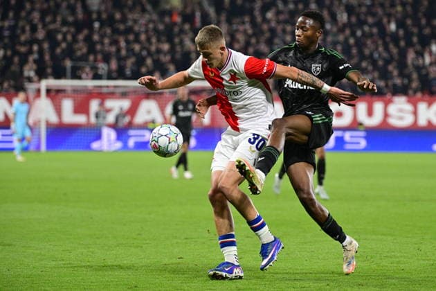 From left Wiktor Nowak of Slavia and Souleymane Sagnan of Lens in action during the Football Champions League opening round match Slavia Prague vs RC Lens on September 10, 2026, in Prague, Czech Republic. (CTKxPhoto VitxSimanek) CTKPhotoP2026091010074  CTKPhotoP2026091010074