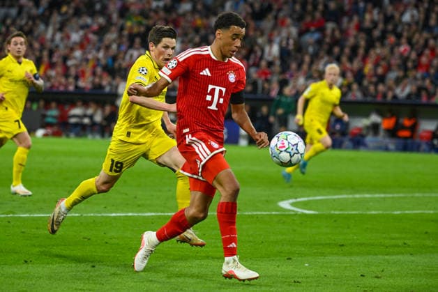 September 10, 2026, xemx, Soccer, UEFA Champions League, FC Bayern Munich vs. FK Bodø Glimt, Sondre Brunstad Fet (FK Bodø Glimt), Jamal Musiala (FC Bayern Munich), tackle, action, battle for the ball, Munich