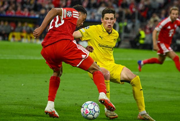 September 10, 2026, xemx, Soccer, UEFA Champions League, FC Bayern Munich vs. FK Bodø Glimt, Jamal Musiala (FC Bayern Munich) and Sondre Brunstad Fet (FK Bodø Glimt) in a duel, action, battle for the ball, Munich