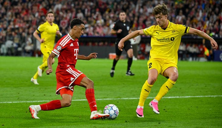 September 10, 2026, xemx, Soccer, UEFA Champions League, FC Bayern Munich vs. FK Bodø Glimt, Jamal Musiala (FC Bayern Munich) and Villads Nielsen (FK Bodø Glimt) in a tackle, action, battle for the ball, Munich