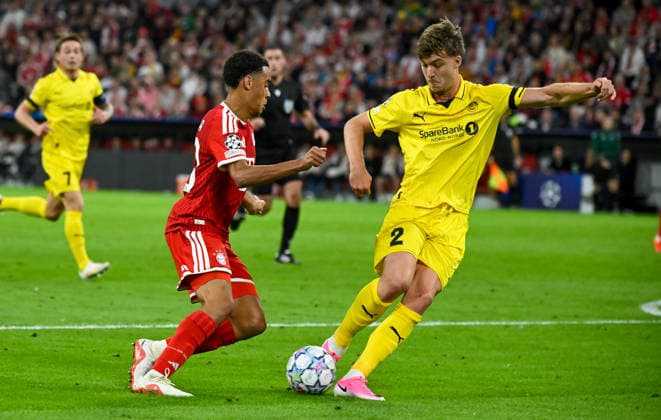 September 10, 2026, xemx, Soccer, UEFA Champions League, FC Bayern Munich vs. FK Bodø Glimt, Jamal Musiala (FC Bayern Munich) and Villads Nielsen (FK Bodø Glimt) in a tackle, action, battle for the ball, Munich