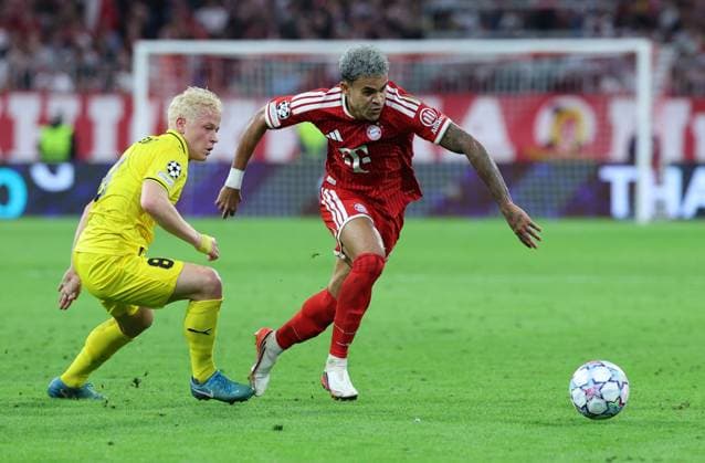 September 10, 2026, GER, Soccer, Men s, UEFA Champions League, Group Stage, 2026–2027 Season, Matchday 1, FC Bayern Munich vs. FK Bodo Glimt—Sondre Auklend (FK Bodo Glimt 08) in a duel with Luis Diaz (FC Bayern Munich)—Allianz Arena, Munich, Bavaria, Germany Copyright: xNordphoto Schneiderx